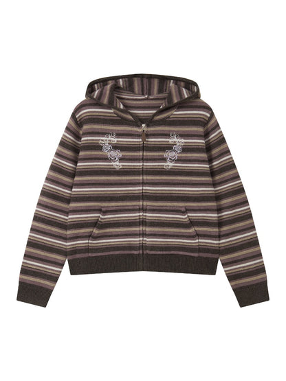 Rose Embroidery Striped Loose Cardigan Hooded Sweater【s0000018577】
