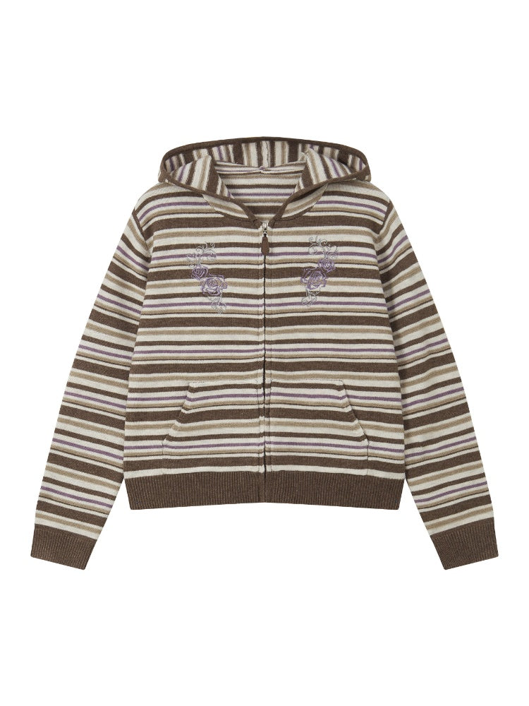 Rose Embroidery Striped Loose Cardigan Hooded Sweater【s0000018577】