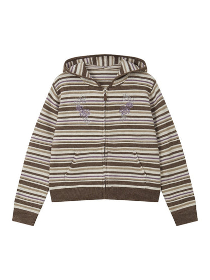 Rose Embroidery Striped Loose Cardigan Hooded Sweater【s0000018577】