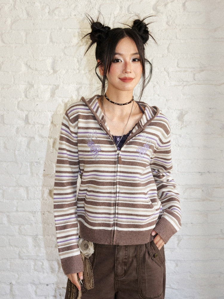 Rose Embroidery Striped Loose Cardigan Hooded Sweater【s0000018577】