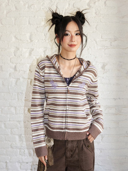Rose Embroidery Striped Loose Cardigan Hooded Sweater【s0000018577】