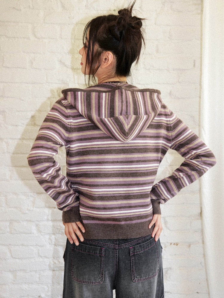 Rose Embroidery Striped Loose Cardigan Hooded Sweater【s0000018577】