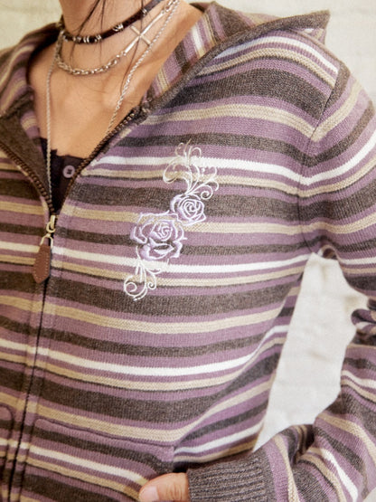 Rose Embroidery Striped Loose Cardigan Hooded Sweater【s0000018577】