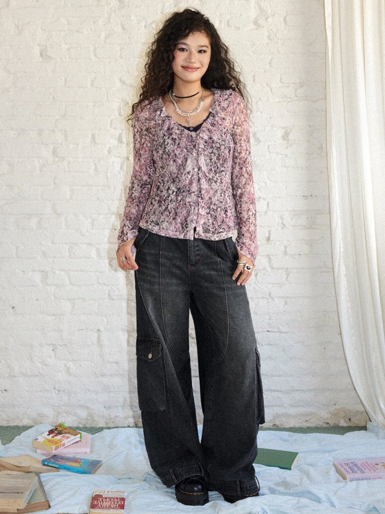 Lightweight V-Neck Cropped Slim Flared Long-Sleeve Vintage Stretch Lace Cardigan【s0000018579】