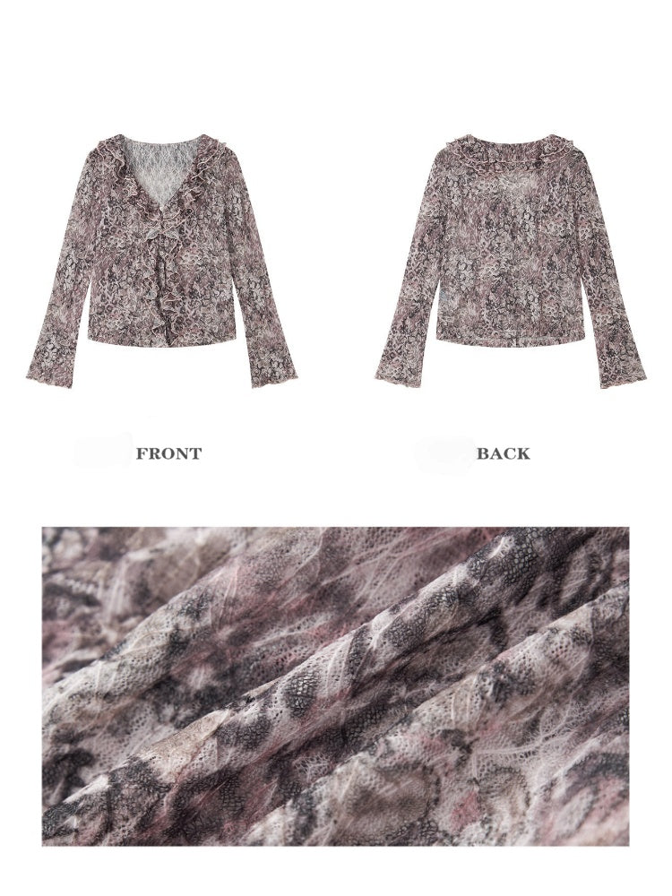 Lightweight V-Neck Cropped Slim Flared Long-Sleeve Vintage Stretch Lace Cardigan【s0000018579】
