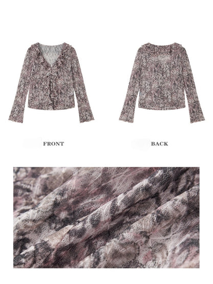 Lightweight V-Neck Cropped Slim Flared Long-Sleeve Vintage Stretch Lace Cardigan【s0000018579】