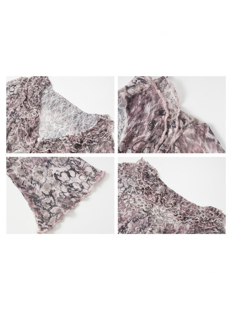 Lightweight V-Neck Cropped Slim Flared Long-Sleeve Vintage Stretch Lace Cardigan【s0000018579】