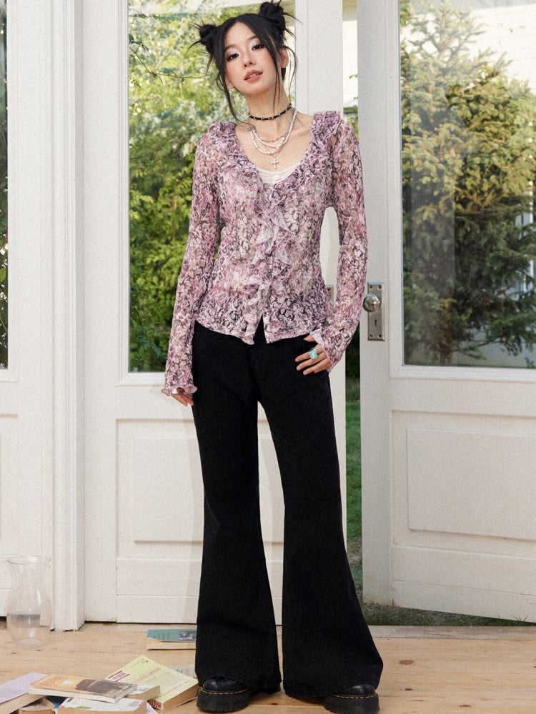 Lightweight V-Neck Cropped Slim Flared Long-Sleeve Vintage Stretch Lace Cardigan【s0000018579】