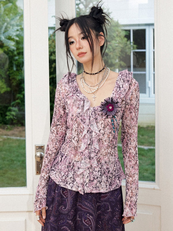 Lightweight V-Neck Cropped Slim Flared Long-Sleeve Vintage Stretch Lace Cardigan【s0000018579】