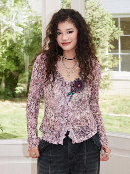 Lightweight V-Neck Cropped Slim Flared Long-Sleeve Vintage Stretch Lace Cardigan【s0000018579】