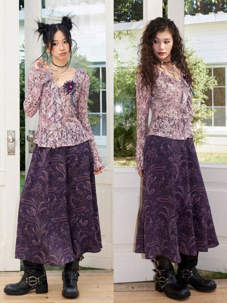 Lightweight V-Neck Cropped Slim Flared Long-Sleeve Vintage Stretch Lace Cardigan【s0000018579】