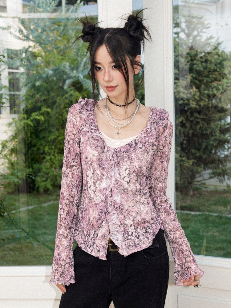 Lightweight V-Neck Cropped Slim Flared Long-Sleeve Vintage Stretch Lace Cardigan【s0000018579】