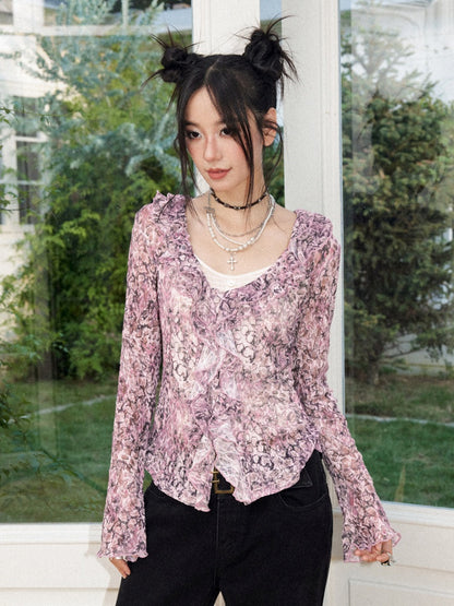 Lightweight V-Neck Cropped Slim Flared Long-Sleeve Vintage Stretch Lace Cardigan【s0000018579】