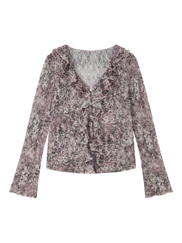 Lightweight V-Neck Cropped Slim Flared Long-Sleeve Vintage Stretch Lace Cardigan【s0000018579】