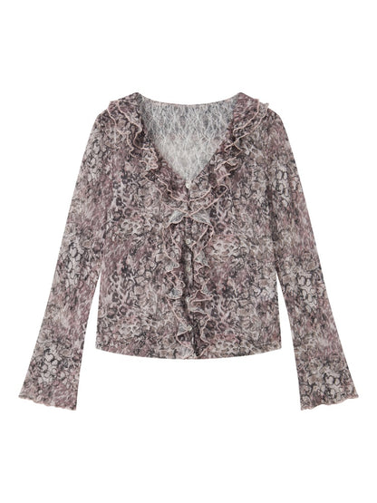 Lightweight V-Neck Cropped Slim Flared Long-Sleeve Vintage Stretch Lace Cardigan【s0000018579】