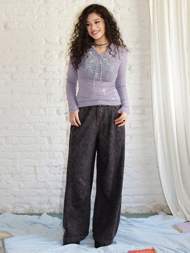 Cotton Curved Blade Leopard Print High-Waist Loose Non-Stretch Wide-Leg Jeans【s0000018580】