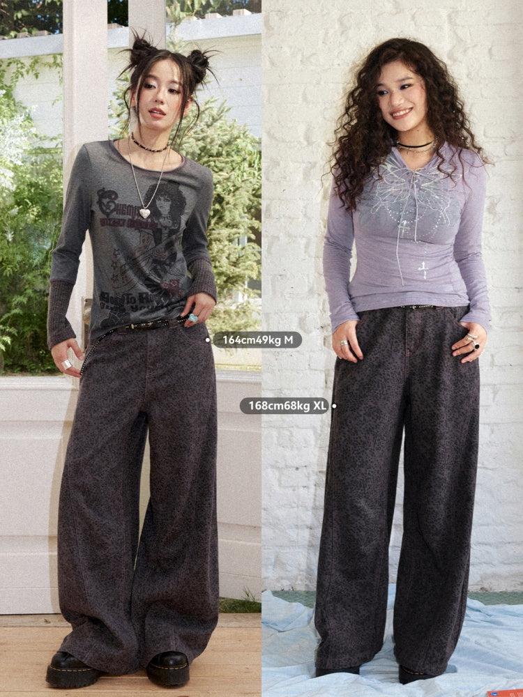 Cotton Curved Blade Leopard Print High-Waist Loose Non-Stretch Wide-Leg Jeans【s0000018580】