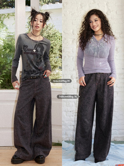 Cotton Curved Blade Leopard Print High-Waist Loose Non-Stretch Wide-Leg Jeans【s0000018580】