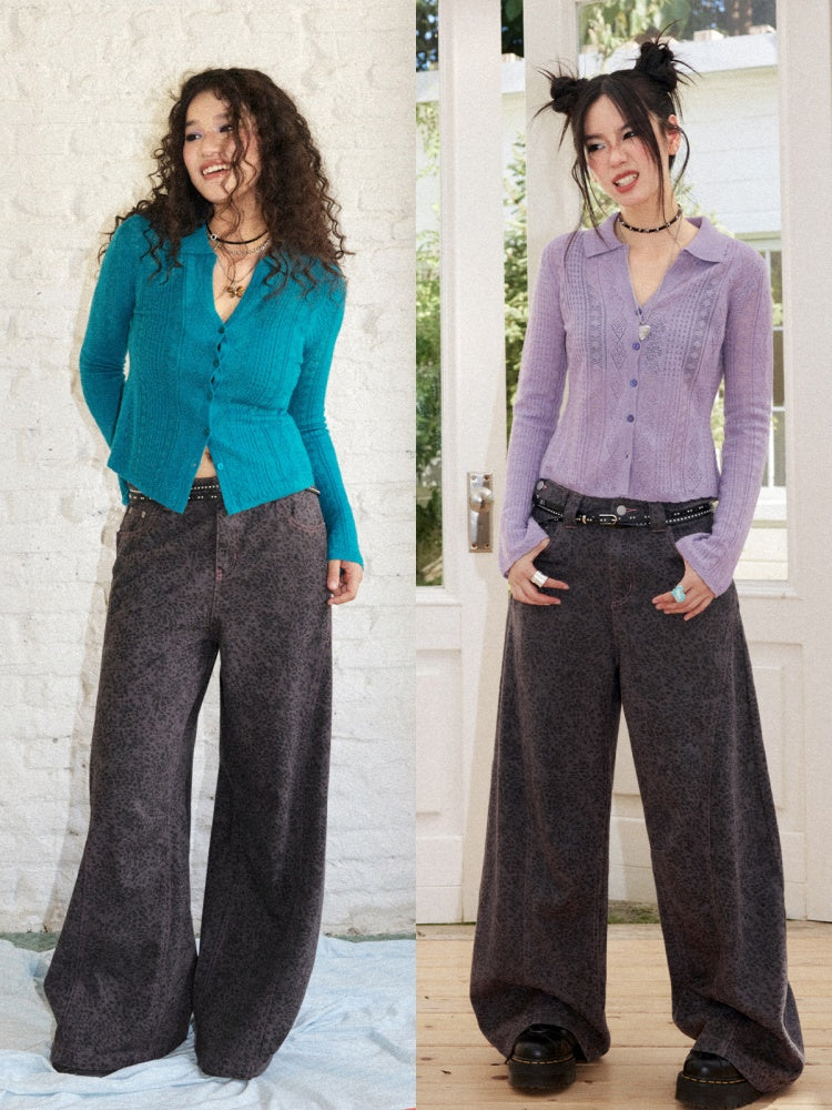 Cotton Curved Blade Leopard Print High-Waist Loose Non-Stretch Wide-Leg Jeans【s0000018580】