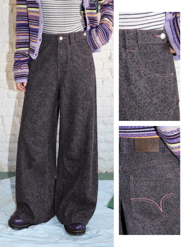 Cotton Curved Blade Leopard Print High-Waist Loose Non-Stretch Wide-Leg Jeans【s0000018580】