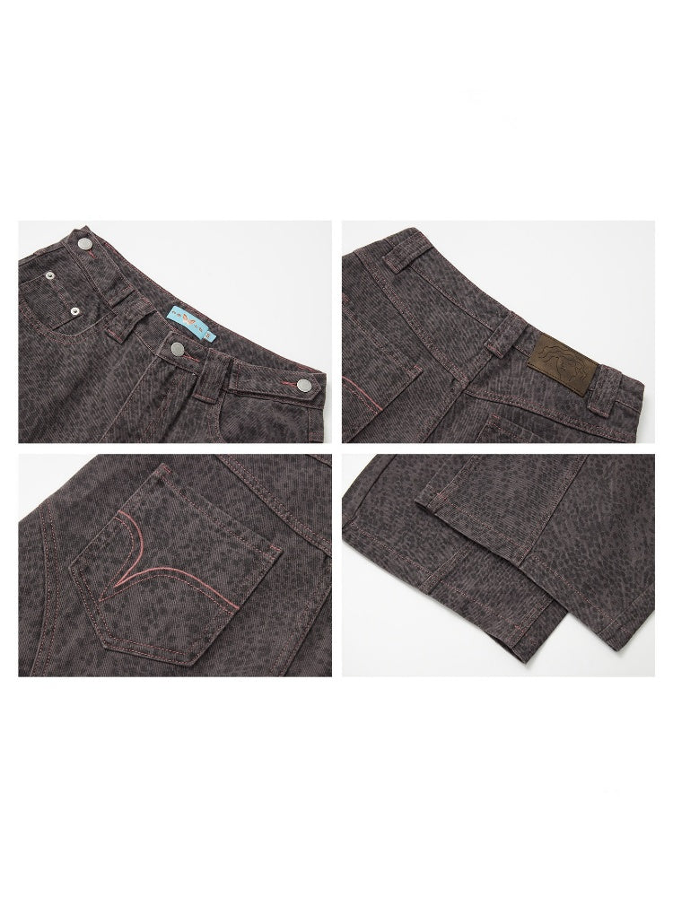 Cotton Curved Blade Leopard Print High-Waist Loose Non-Stretch Wide-Leg Jeans【s0000018580】
