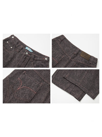 Cotton Curved Blade Leopard Print High-Waist Loose Non-Stretch Wide-Leg Jeans【s0000018580】