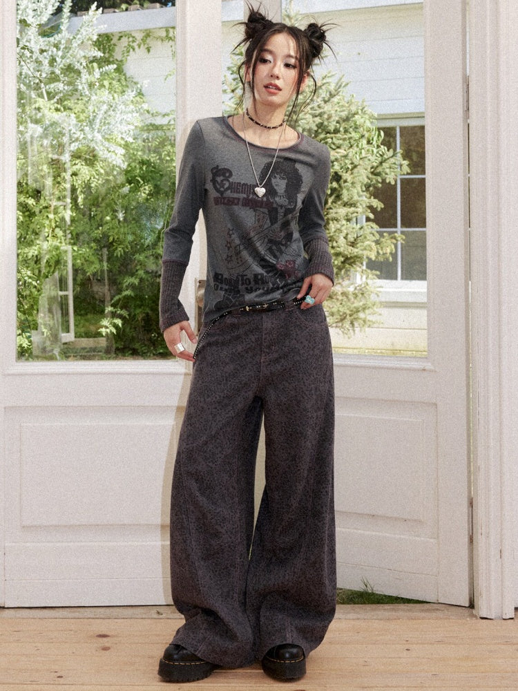 Cotton Curved Blade Leopard Print High-Waist Loose Non-Stretch Wide-Leg Jeans【s0000018580】