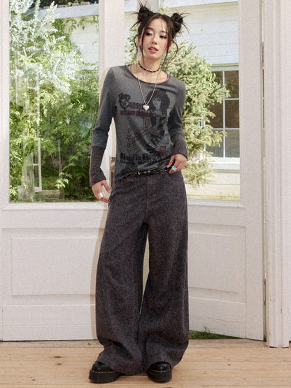 Cotton Curved Blade Leopard Print High-Waist Loose Non-Stretch Wide-Leg Jeans【s0000018580】