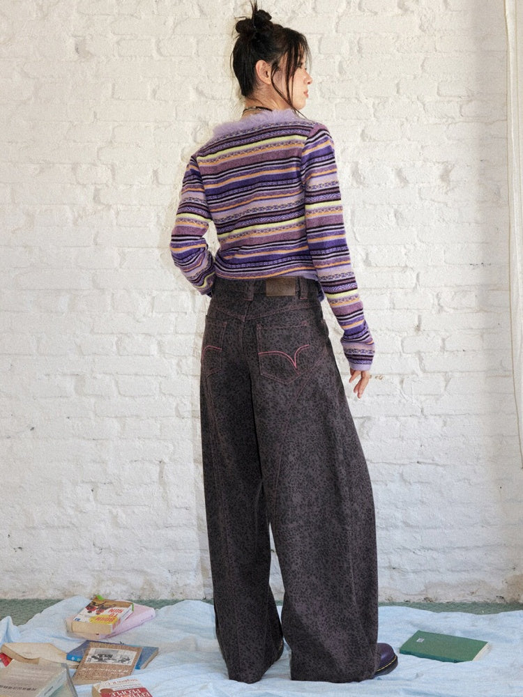 Cotton Curved Blade Leopard Print High-Waist Loose Non-Stretch Wide-Leg Jeans【s0000018580】