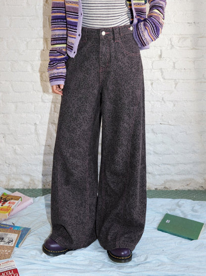 Cotton Curved Blade Leopard Print High-Waist Loose Non-Stretch Wide-Leg Jeans【s0000018580】
