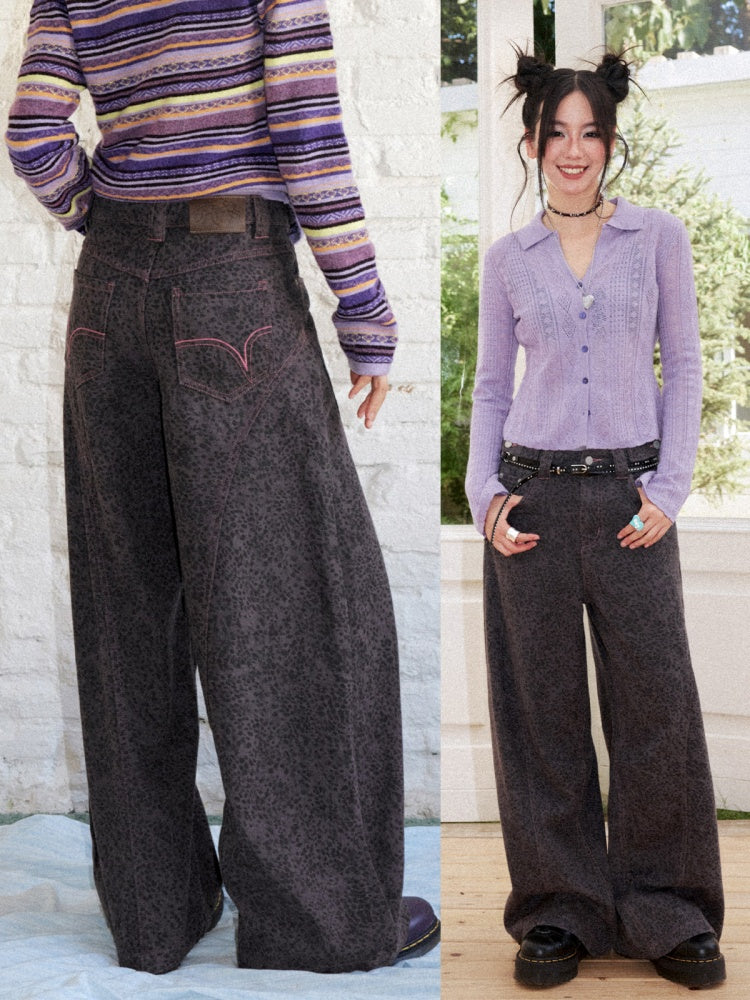 Cotton Curved Blade Leopard Print High-Waist Loose Non-Stretch Wide-Leg Jeans【s0000018580】