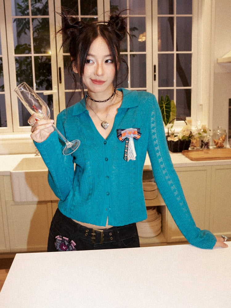 Vintage Long-sleeve Lapel Lightweight Breathable Hollow Knit Cardigan【s0000018581】