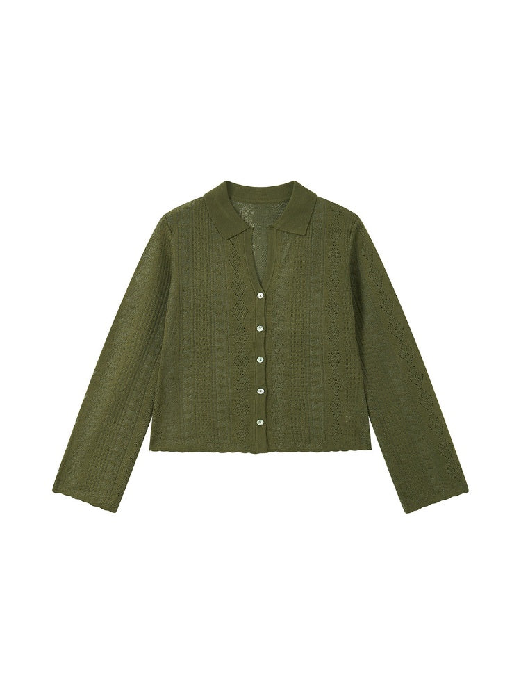 Vintage Long-sleeve Lapel Lightweight Breathable Hollow Knit Cardigan【s0000018581】