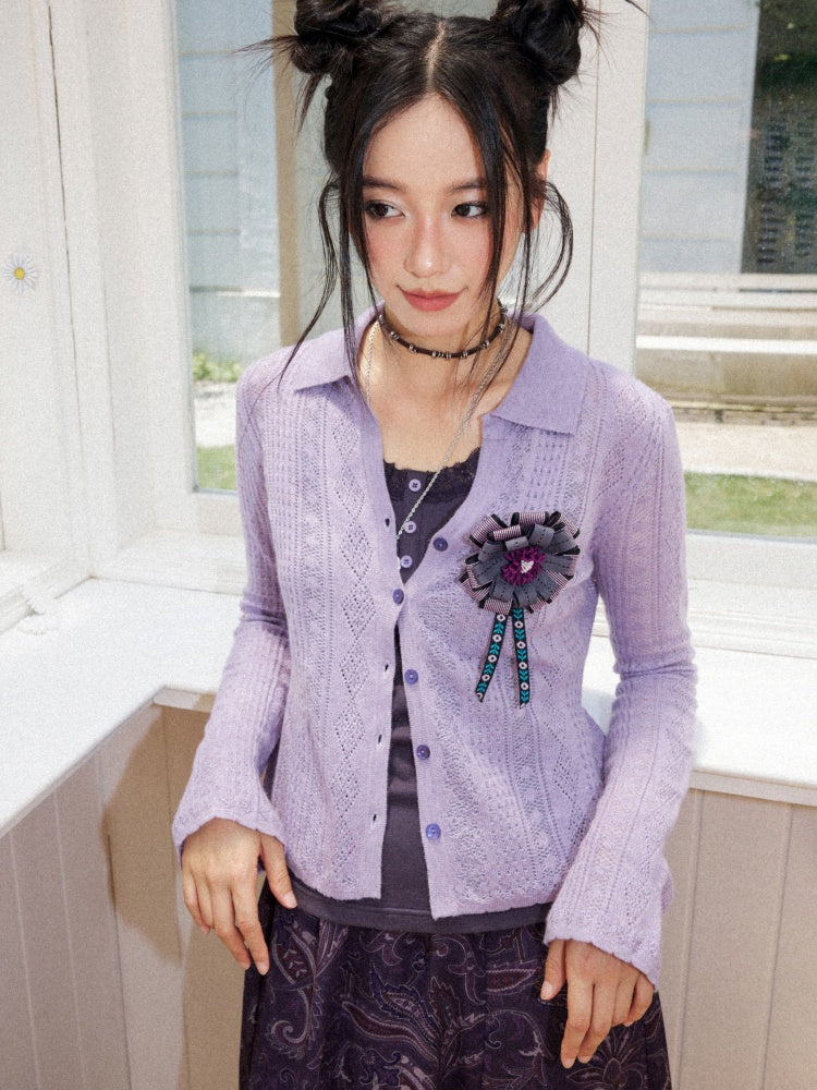 Vintage Long-sleeve Lapel Lightweight Breathable Hollow Knit Cardigan【s0000018581】