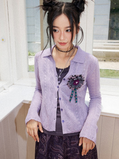 Vintage Long-sleeve Lapel Lightweight Breathable Hollow Knit Cardigan【s0000018581】