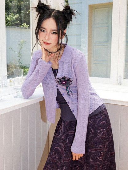 Vintage Long-sleeve Lapel Lightweight Breathable Hollow Knit Cardigan【s0000018581】