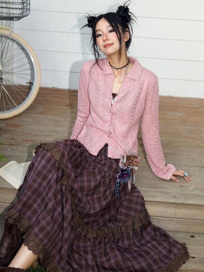 Vintage Long-sleeve Lapel Lightweight Breathable Hollow Knit Cardigan【s0000018581】