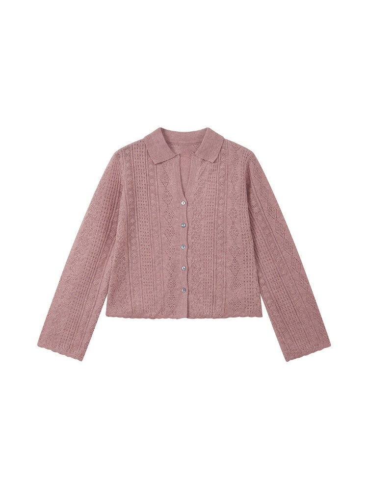 Vintage Long-sleeve Lapel Lightweight Breathable Hollow Knit Cardigan【s0000018581】