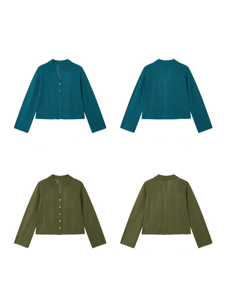 Vintage Long-sleeve Lapel Lightweight Breathable Hollow Knit Cardigan【s0000018581】