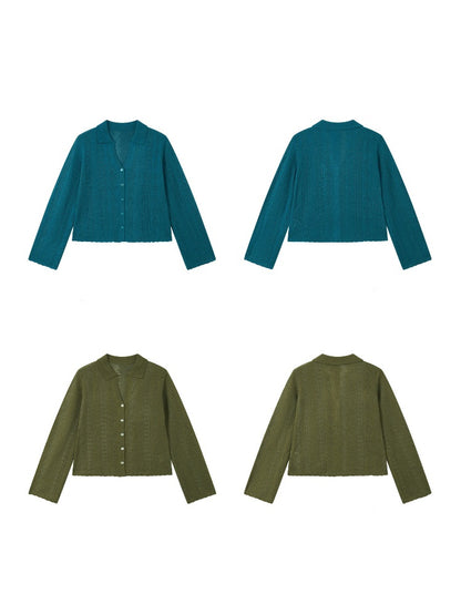Vintage Long-sleeve Lapel Lightweight Breathable Hollow Knit Cardigan【s0000018581】