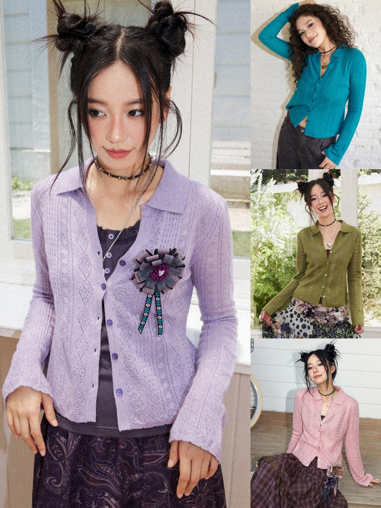 Vintage Long-sleeve Lapel Lightweight Breathable Hollow Knit Cardigan【s0000018581】