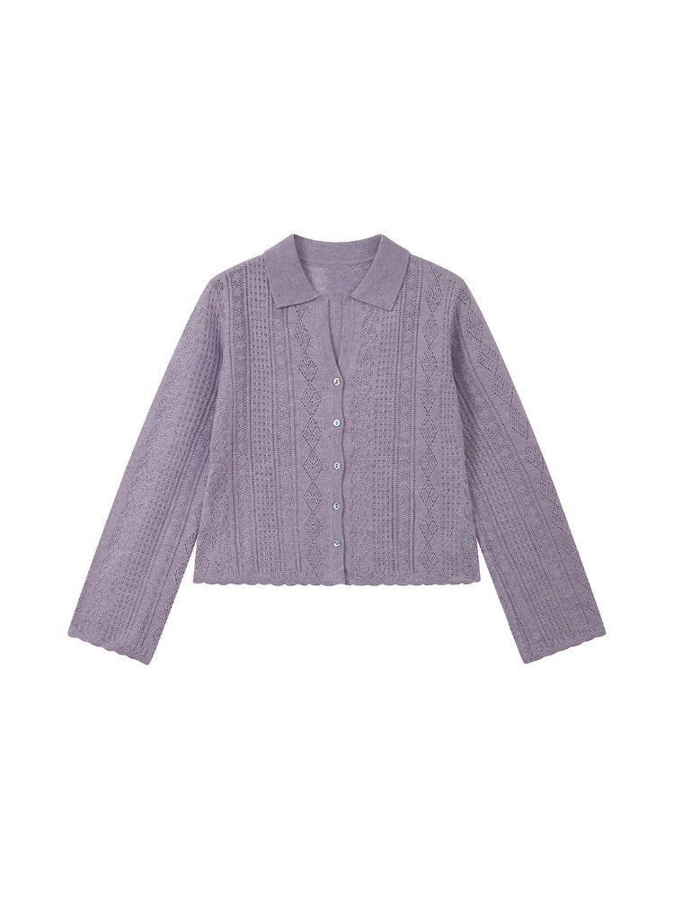 Vintage Long-sleeve Lapel Lightweight Breathable Hollow Knit Cardigan【s0000018581】
