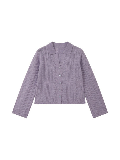 Vintage Long-sleeve Lapel Lightweight Breathable Hollow Knit Cardigan【s0000018581】