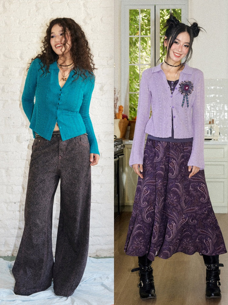 Vintage Long-sleeve Lapel Lightweight Breathable Hollow Knit Cardigan【s0000018581】