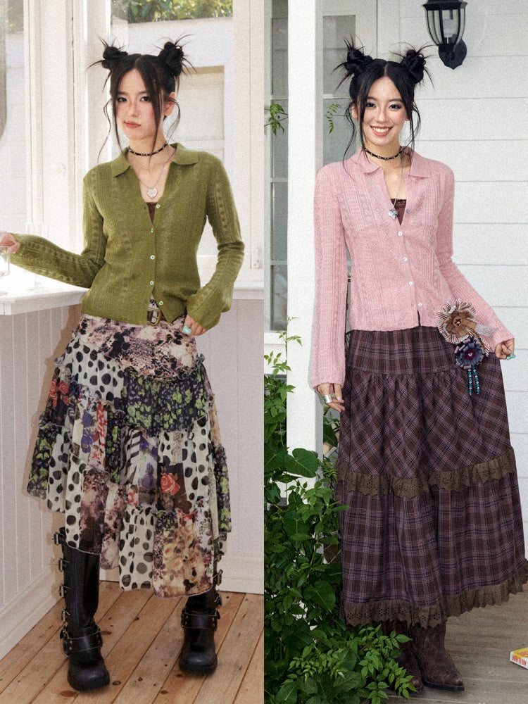 Vintage Long-sleeve Lapel Lightweight Breathable Hollow Knit Cardigan【s0000018581】