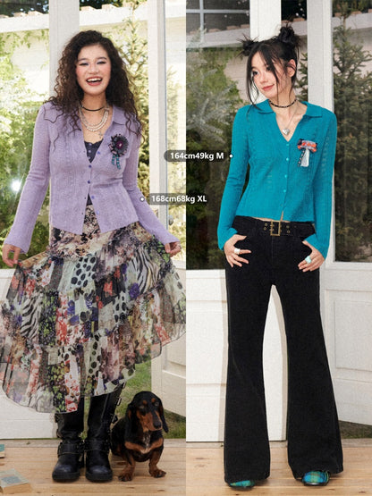 Vintage Long-sleeve Lapel Lightweight Breathable Hollow Knit Cardigan【s0000018581】