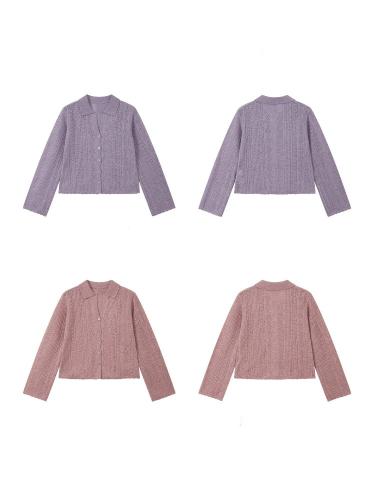 Vintage Long-sleeve Lapel Lightweight Breathable Hollow Knit Cardigan【s0000018581】