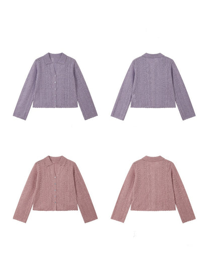 Vintage Long-sleeve Lapel Lightweight Breathable Hollow Knit Cardigan【s0000018581】