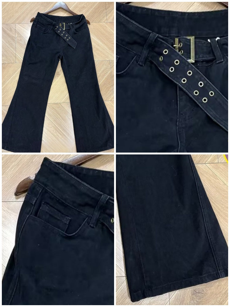 vintage Black Wide Belt Low-Rise Slightly Flared Casual Pants【s0000018582】