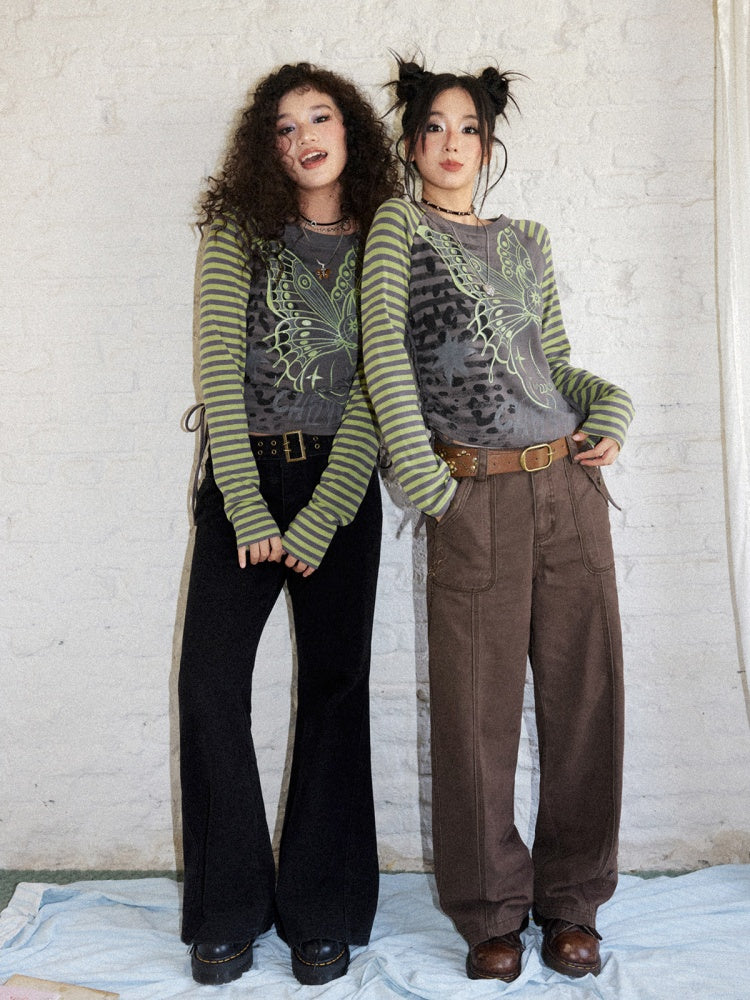 vintage Black Wide Belt Low-Rise Slightly Flared Casual Pants【s0000018582】
